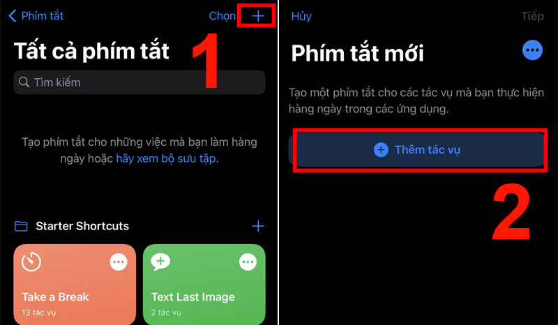 Mở ứng dụng Lối tắt, ấn vào biểu tượng “+” ở phía trên cùng bên phải > Thêm tác vụ.